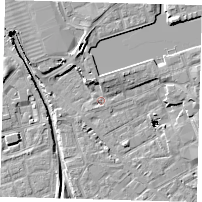 Shaded relief map of the ground around SE162LN, computed from Environment Agency LiDAR. The ground here sits at about 2 m above sea level and falls 48 m across the surrounding 800 m. Surface water reaching this point runs off ground lying to the north, 4.6 m higher.