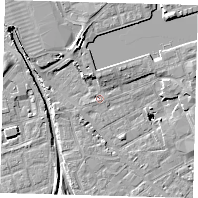 Shaded relief map of the ground around SE162LS, computed from Environment Agency LiDAR. The ground here sits at about 2 m above sea level and falls 48 m across the surrounding 800 m. Surface water reaching this point runs off ground lying to the north, 4.6 m higher.