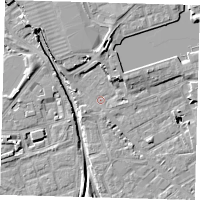 Shaded relief map of the ground around SE162LW, computed from Environment Agency LiDAR. The ground here sits at about 2 m above sea level and falls 48 m across the surrounding 800 m. Surface water reaching this point runs off ground lying to the north-east, 5.2 m higher.