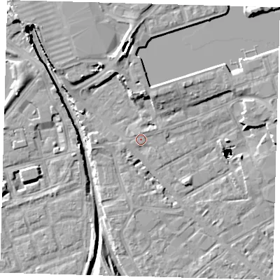 Shaded relief map of the ground around SE162LY, computed from Environment Agency LiDAR. The ground here sits at about 2 m above sea level and falls 48 m across the surrounding 800 m. Surface water reaching this point runs off ground lying to the north-east, 1.4 m higher.