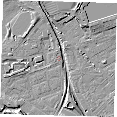 Shaded relief map of the ground around SE162NA, computed from Environment Agency LiDAR. The ground here sits at about 2 m above sea level and falls 14 m across the surrounding 800 m. Surface water reaching this point runs off ground lying to the north, 1.6 m higher.