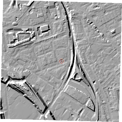 Shaded relief map of the ground around SE162ND, computed from Environment Agency LiDAR. The ground here sits at about 1 m above sea level and falls 14 m across the surrounding 800 m. Surface water reaching this point runs off ground lying to the west-south-west, 11.5 m higher.
