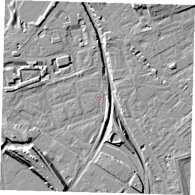 Shaded relief map of the ground around SE162NE, computed from Environment Agency LiDAR. The ground here sits at about 1 m above sea level and falls 14 m across the surrounding 800 m. Surface water reaching this point runs off ground lying to the south-west, 11.5 m higher.