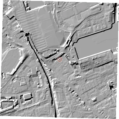 Shaded relief map of the ground around SE162NH, computed from Environment Agency LiDAR. The ground here sits at about 2 m above sea level and falls 48 m across the surrounding 800 m. Surface water reaching this point runs off ground lying to the north-north-east, 7.4 m higher.