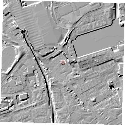 Shaded relief map of the ground around SE162NL, computed from Environment Agency LiDAR. The ground here sits at about 2 m above sea level and falls 48 m across the surrounding 800 m. Surface water reaching this point runs off ground lying to the north, 8.0 m higher.