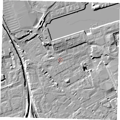 Shaded relief map of the ground around SE162NP, computed from Environment Agency LiDAR. The ground here sits at about 2 m above sea level and falls 48 m across the surrounding 800 m. Surface water reaching this point runs off ground lying to the west, 1.3 m higher.