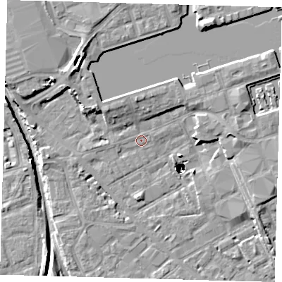 Shaded relief map of the ground around SE162NS, computed from Environment Agency LiDAR. The ground here sits at about 2 m above sea level and falls 48 m across the surrounding 800 m. Surface water reaching this point runs off ground lying to the north, 4.4 m higher.