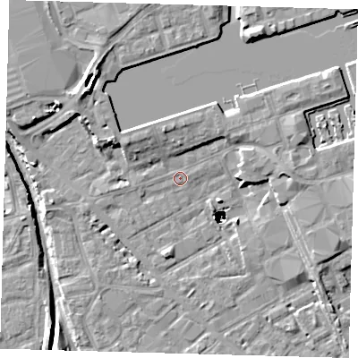 Shaded relief map of the ground around SE162NT, computed from Environment Agency LiDAR. The ground here sits at about 2 m above sea level and falls 48 m across the surrounding 800 m. Surface water reaching this point runs off ground lying to the north-north-west, 4.4 m higher.