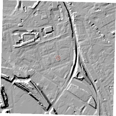 Shaded relief map of the ground around SE162NX, computed from Environment Agency LiDAR. The ground here sits at about 1 m above sea level and falls 14 m across the surrounding 800 m. Surface water reaching this point runs off ground lying to the west-south-west, 5.9 m higher.