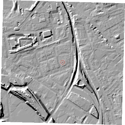 Shaded relief map of the ground around SE162NY, computed from Environment Agency LiDAR. The ground here sits at about 1 m above sea level and falls 14 m across the surrounding 800 m. Surface water reaching this point runs off ground lying to the south-west, 11.5 m higher.