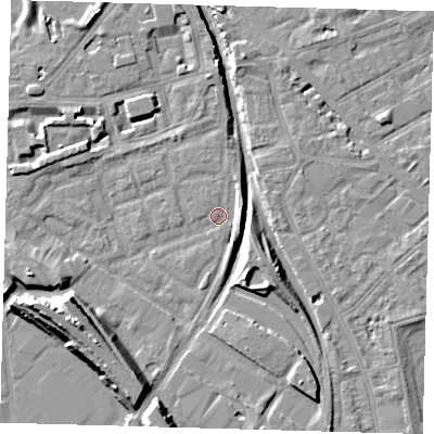 Shaded relief map of the ground around SE162NZ, computed from Environment Agency LiDAR. The ground here sits at about 1 m above sea level and falls 14 m across the surrounding 800 m. Surface water reaching this point runs off ground lying to the west-south-west, 11.5 m higher.