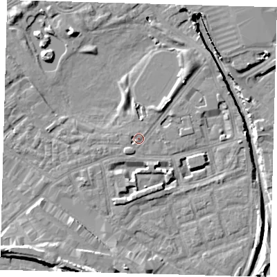Shaded relief map of the ground around SE162PA, computed from Environment Agency LiDAR. The ground here sits at about 2 m above sea level and falls 14 m across the surrounding 800 m. Surface water reaching this point runs off ground lying to the west-north-west, 1.5 m higher.