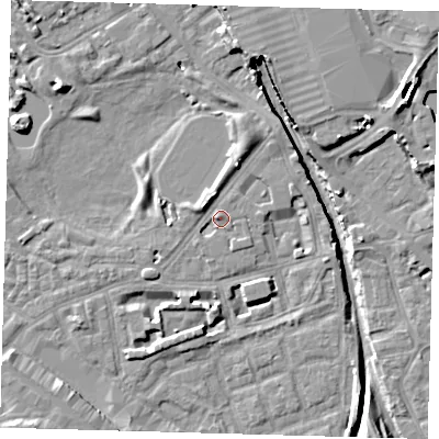 Shaded relief map of the ground around SE162PE, computed from Environment Agency LiDAR. The ground here sits at about 2 m above sea level and falls 12 m across the surrounding 800 m. Surface water reaching this point runs off ground lying to the north-north-east, 3.3 m higher.