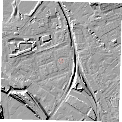 Shaded relief map of the ground around SE162PG, computed from Environment Agency LiDAR. The ground here sits at about 1 m above sea level and falls 14 m across the surrounding 800 m. Surface water reaching this point runs off ground lying to the west-south-west, 5.9 m higher.