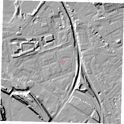 Shaded relief map of the ground around SE162PH, computed from Environment Agency LiDAR. The ground here sits at about 1 m above sea level and falls 14 m across the surrounding 800 m. Surface water reaching this point runs off ground lying to the west-south-west, 5.9 m higher.