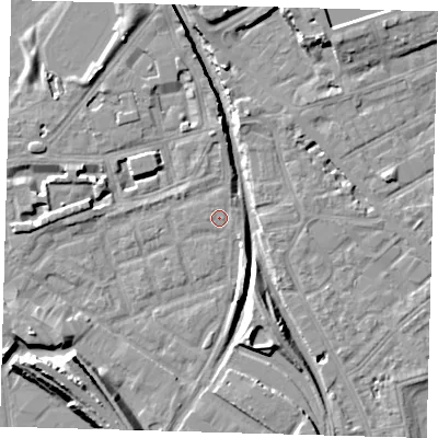 Shaded relief map of the ground around SE162PJ, computed from Environment Agency LiDAR. The ground here sits at about 2 m above sea level and falls 14 m across the surrounding 800 m. The ground contributing surface water to this point lies to the east.