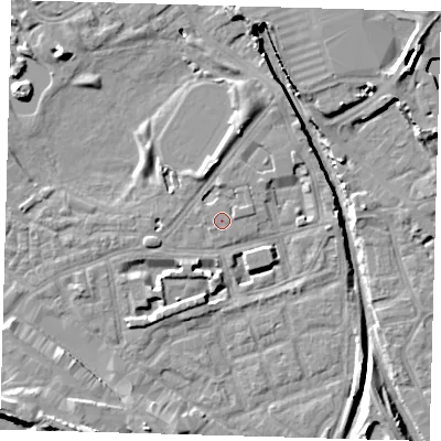 Shaded relief map of the ground around SE162PL, computed from Environment Agency LiDAR. The ground here sits at about 2 m above sea level and falls 12 m across the surrounding 800 m. Surface water reaching this point runs off ground lying to the east-north-east, 0.9 m higher.