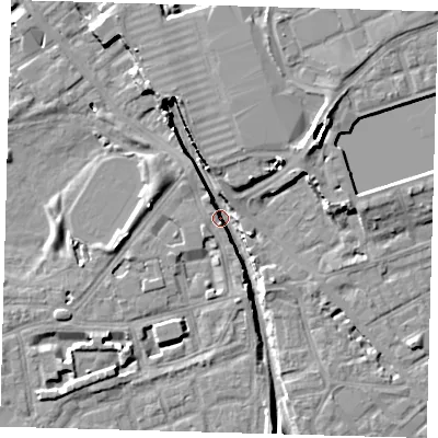 Shaded relief map of the ground around SE162PP, computed from Environment Agency LiDAR. The ground here sits at about 1 m above sea level and falls 12 m across the surrounding 800 m. Surface water reaching this point runs off ground lying to the north-north-west, 9.7 m higher.