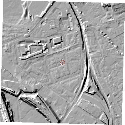 Shaded relief map of the ground around SE162PQ, computed from Environment Agency LiDAR. The ground here sits at about 1 m above sea level and falls 15 m across the surrounding 800 m. Surface water reaching this point runs off ground lying to the south-west, 5.9 m higher.