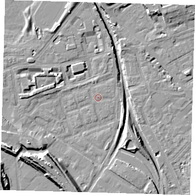 Shaded relief map of the ground around SE162PR, computed from Environment Agency LiDAR. The ground here sits at about 1 m above sea level and falls 14 m across the surrounding 800 m. Surface water reaching this point runs off ground lying to the east-north-east, 0.8 m higher.