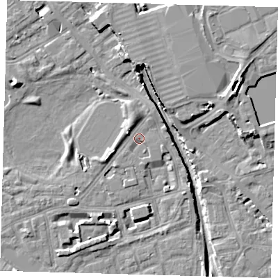 Shaded relief map of the ground around SE162PW, computed from Environment Agency LiDAR. The ground here sits at about 2 m above sea level and falls 12 m across the surrounding 800 m. Surface water reaching this point runs off ground lying to the north, 2.5 m higher.