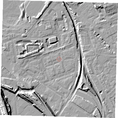 Shaded relief map of the ground around SE162PX, computed from Environment Agency LiDAR. The ground here sits at about 1 m above sea level and falls 15 m across the surrounding 800 m. Surface water reaching this point runs off ground lying to the south-west, 5.9 m higher.