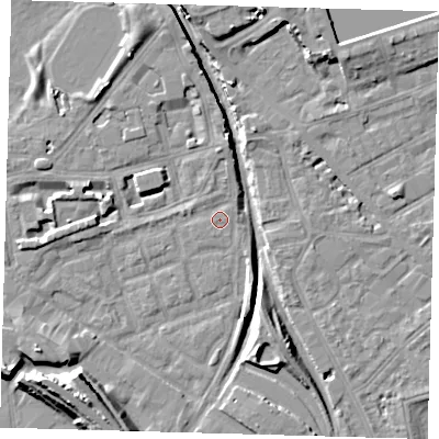 Shaded relief map of the ground around SE162PY, computed from Environment Agency LiDAR. The ground here sits at about 2 m above sea level and falls 14 m across the surrounding 800 m. Surface water reaching this point runs off ground lying to the north, 1.1 m higher.