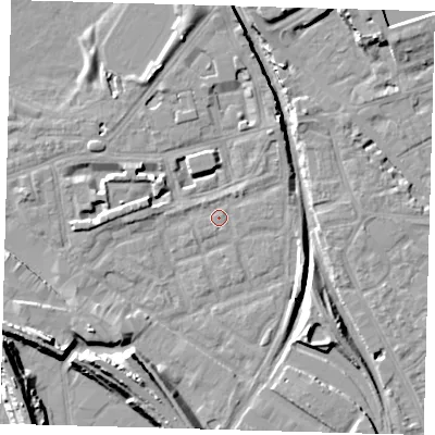Shaded relief map of the ground around SE162PZ, computed from Environment Agency LiDAR. The ground here sits at about 1 m above sea level and falls 15 m across the surrounding 800 m. Surface water reaching this point runs off ground lying to the south-west, 5.9 m higher.