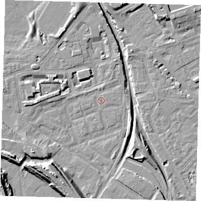 Shaded relief map of the ground around SE162QB, computed from Environment Agency LiDAR. The ground here sits at about 1 m above sea level and falls 14 m across the surrounding 800 m. Surface water reaching this point runs off ground lying to the east-north-east, 0.6 m higher.