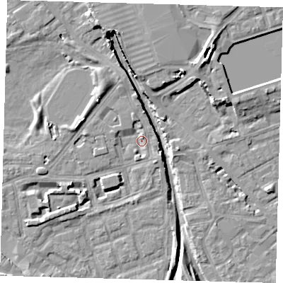 Shaded relief map of the ground around SE162QD, computed from Environment Agency LiDAR. The ground here sits at about 1 m above sea level and falls 12 m across the surrounding 800 m. Surface water reaching this point runs off ground lying to the north-west, 4.5 m higher.
