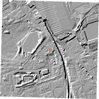 Shaded relief map of the ground around SE162QE, computed from Environment Agency LiDAR. The ground here sits at about 2 m above sea level and falls 12 m across the surrounding 800 m. Surface water reaching this point runs off ground lying to the south-south-west, 1.2 m higher.