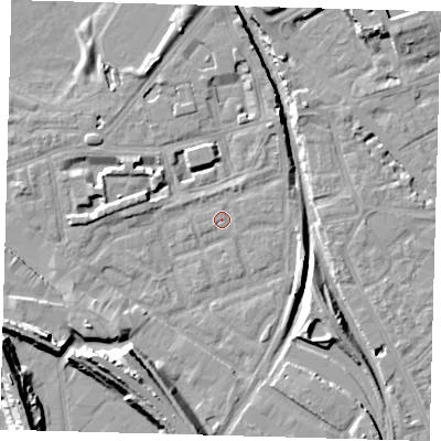 Shaded relief map of the ground around SE162QG, computed from Environment Agency LiDAR. The ground here sits at about 1 m above sea level and falls 15 m across the surrounding 800 m. Surface water reaching this point runs off ground lying to the south-west, 5.9 m higher.