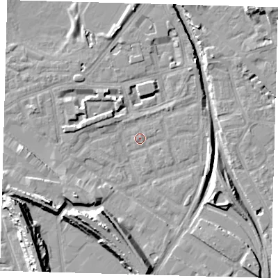 Shaded relief map of the ground around SE162QH, computed from Environment Agency LiDAR. The ground here sits at about 1 m above sea level and falls 15 m across the surrounding 800 m. Surface water reaching this point runs off ground lying to the south-west, 5.9 m higher.