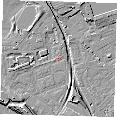 Shaded relief map of the ground around SE162QU, computed from Environment Agency LiDAR. The ground here sits at about 2 m above sea level and falls 14 m across the surrounding 800 m. Surface water reaching this point runs off ground lying to the north-north-east, 1.1 m higher.