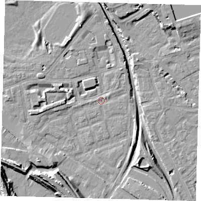 Shaded relief map of the ground around SE162QX, computed from Environment Agency LiDAR. The ground here sits at about 1 m above sea level and falls 15 m across the surrounding 800 m. Surface water reaching this point runs off ground lying to the north-east, 1.1 m higher.