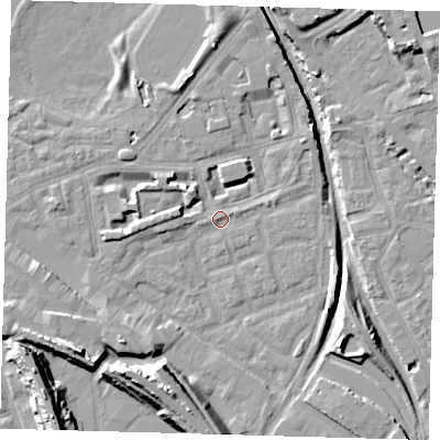 Shaded relief map of the ground around SE162QY, computed from Environment Agency LiDAR. The ground here sits at about 1 m above sea level and falls 15 m across the surrounding 800 m. Surface water reaching this point runs off ground lying to the south-west, 5.9 m higher.