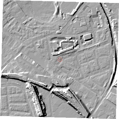 Shaded relief map of the ground around SE162RA, computed from Environment Agency LiDAR. The ground here sits at about 1 m above sea level and falls 15 m across the surrounding 800 m. Surface water reaching this point runs off ground lying to the south, 5.9 m higher.