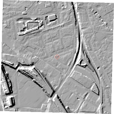 Shaded relief map of the ground around SE162RG, computed from Environment Agency LiDAR. The ground here sits at about 1 m above sea level and falls 14 m across the surrounding 800 m. Surface water reaching this point runs off ground lying to the west-south-west, 11.1 m higher.