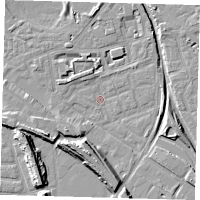 Shaded relief map of the ground around SE162RP, computed from Environment Agency LiDAR. The ground here sits at about 1 m above sea level and falls 15 m across the surrounding 800 m. Surface water reaching this point runs off ground lying to the south-south-west, 4.5 m higher.