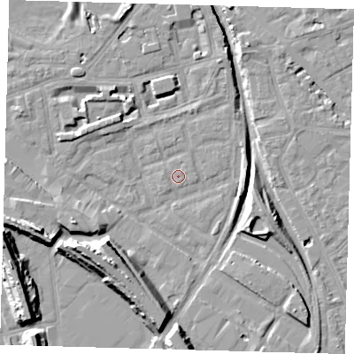 Shaded relief map of the ground around SE162RR, computed from Environment Agency LiDAR. The ground here sits at about 1 m above sea level and falls 15 m across the surrounding 800 m. Surface water reaching this point runs off ground lying to the west-south-west, 1.8 m higher.