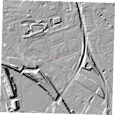 Shaded relief map of the ground around SE162RS, computed from Environment Agency LiDAR. The ground here sits at about 1 m above sea level and falls 15 m across the surrounding 800 m. Surface water reaching this point runs off ground lying to the south-west, 11.0 m higher.