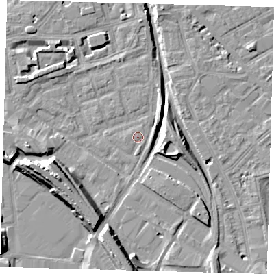 Shaded relief map of the ground around SE162RT, computed from Environment Agency LiDAR. The ground here sits at about 1 m above sea level and falls 14 m across the surrounding 800 m. Surface water reaching this point runs off ground lying to the south-south-west, 8.7 m higher.