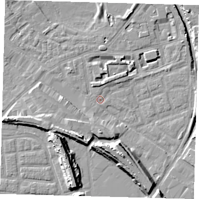 Shaded relief map of the ground around SE162RU, computed from Environment Agency LiDAR. The ground here sits at about 1 m above sea level and falls 15 m across the surrounding 800 m. Surface water reaching this point runs off ground lying to the south, 5.9 m higher.