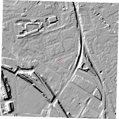 Shaded relief map of the ground around SE162RW, computed from Environment Agency LiDAR. The ground here sits at about 1 m above sea level and falls 14 m across the surrounding 800 m. Surface water reaching this point runs off ground lying to the west-south-west, 11.0 m higher.
