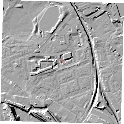 Shaded relief map of the ground around SE162SB, computed from Environment Agency LiDAR. The ground here sits at about 0 m above sea level and falls 15 m across the surrounding 800 m. Surface water reaching this point runs off ground lying to the north, 5.0 m higher.