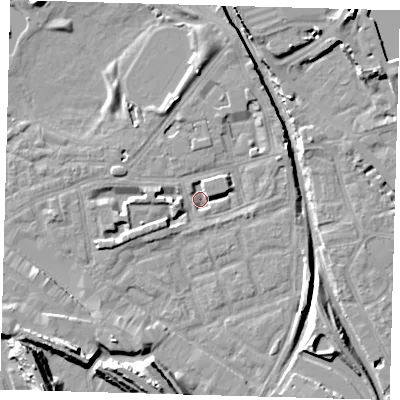 Shaded relief map of the ground around SE162SE, computed from Environment Agency LiDAR. The ground here sits at about 0 m above sea level and falls 15 m across the surrounding 800 m. Surface water reaching this point runs off ground lying to the west-south-west, 3.7 m higher.