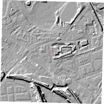 Shaded relief map of the ground around SE162SH, computed from Environment Agency LiDAR. The ground here sits at about 2 m above sea level and falls 15 m across the surrounding 800 m. Surface water reaching this point runs off ground lying to the west, 3.1 m higher.