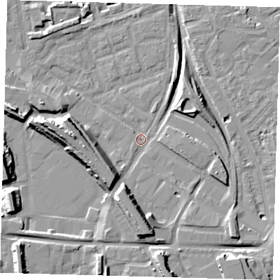 Shaded relief map of the ground around SE162SU, computed from Environment Agency LiDAR. The ground here sits at about 1 m above sea level and falls 13 m across the surrounding 800 m. Surface water reaching this point runs off ground lying to the south-south-west, 8.6 m higher.