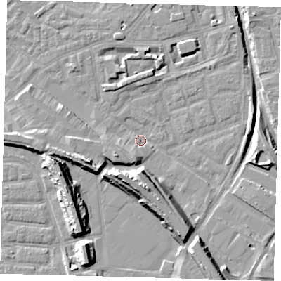 Shaded relief map of the ground around SE162SW, computed from Environment Agency LiDAR. The ground here sits at about 1 m above sea level and falls 15 m across the surrounding 800 m. Surface water reaching this point runs off ground lying to the south, 11.1 m higher.
