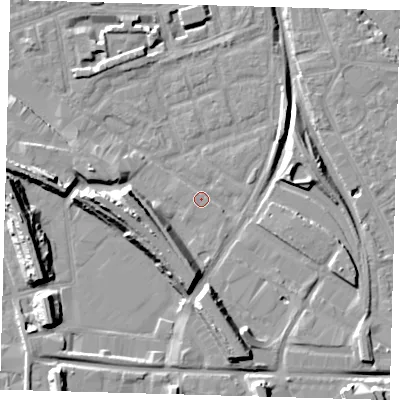 Shaded relief map of the ground around SE162SX, computed from Environment Agency LiDAR. The ground here sits at about 2 m above sea level and falls 14 m across the surrounding 800 m. Surface water reaching this point runs off ground lying to the south, 8.7 m higher.